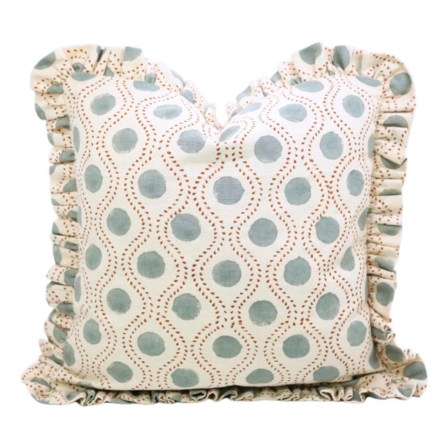 Block Print Ruffle Throw Pillow Decorative Ruffle Accent Cushion for Sofa and Bed 22x22 Inch- Raajbhog For Sale