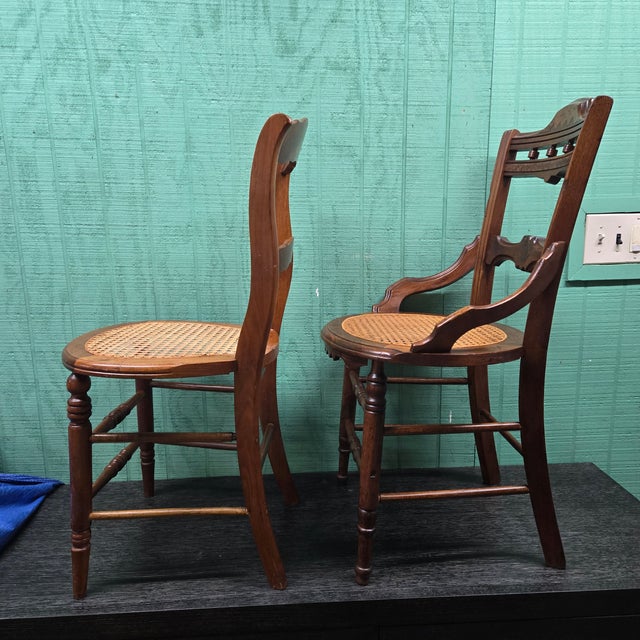Pair of Vintage Wooden Chairs With Wicker Seats For Sale - Image 12 of 14