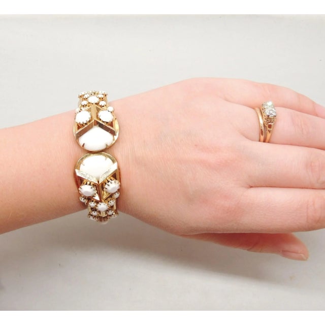 White Vintage 1960s Signed Castlecliff White Rhinestone Clamper Bracelet For Sale - Image 8 of 9