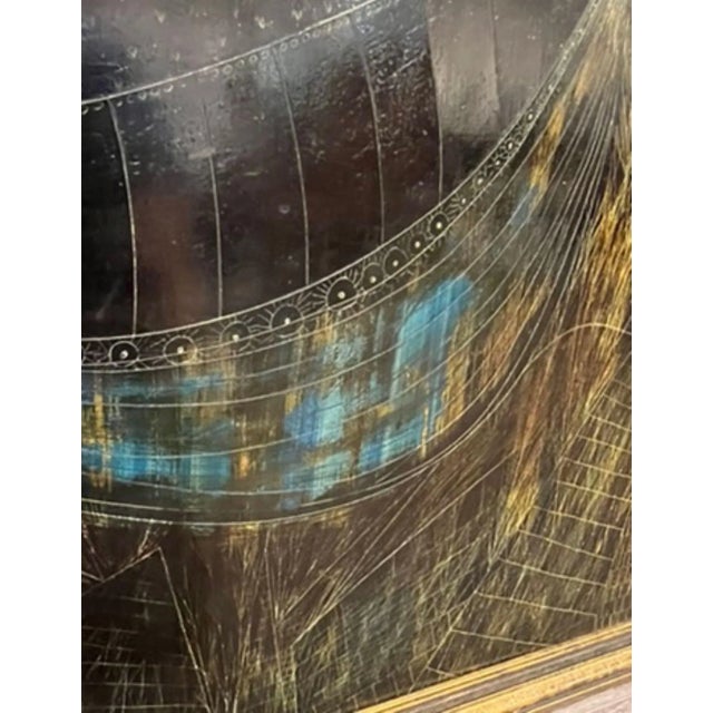 A moody and evocative mid-century modern abstract landscape oil painting on paper, rendered in a rich, atmospheric palette...