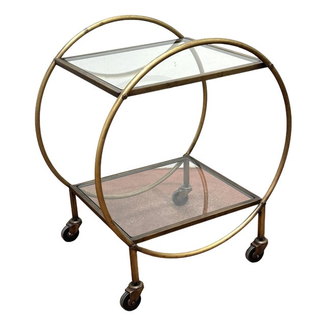 French Modern Style Spherical Two-Tier Patinated Gilt Metal and Glass Bar Cart For Sale