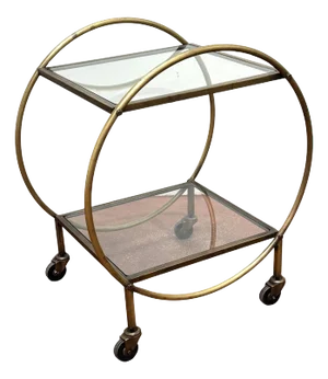 French Modern Style Spherical Two-Tier Patinated Gilt Metal and Glass Bar Cart