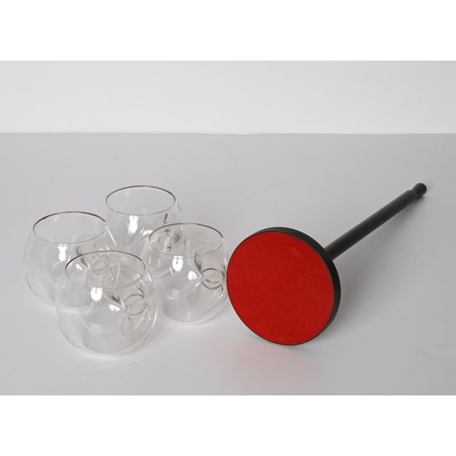 Mid-Century Italian Blown Drinking Glasses and Walnut Wood Holder, 1970s, Set of 5 For Sale - Image 15 of 18