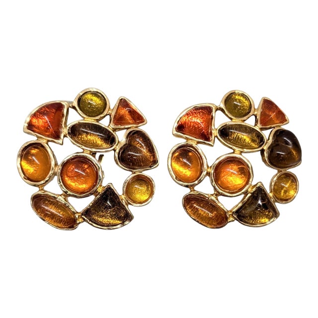 Vintage 1980s Signed Les Bernard Rhinestone Cabochon Clip Earrings- 2 Pieces For Sale