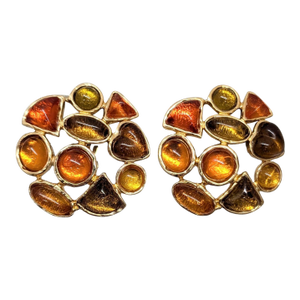Vintage 1980s Signed Les Bernard Rhinestone Cabochon Clip Earrings- 2 Pieces