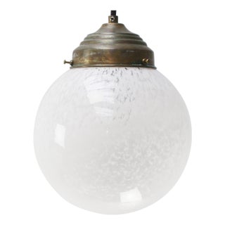 Art Deco French White Glass Globe and Brass Pendant Lamp For Sale