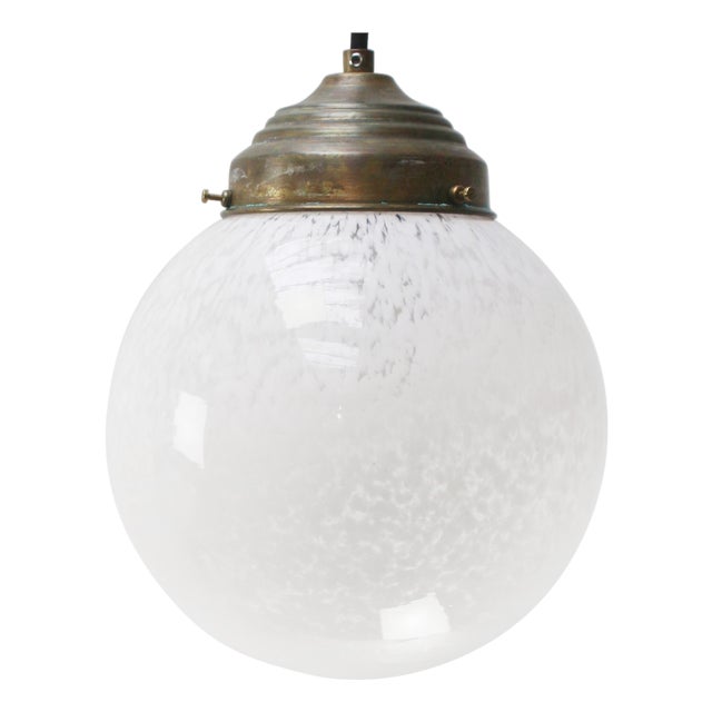 Art Deco French White Glass Globe and Brass Pendant Lamp For Sale