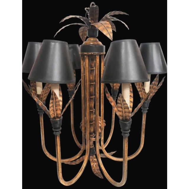 Traditional Vintage Currey & Company Style Large Faux Bamboo Bronze Black Palm Leaf Regency Iron 6 Light Chandelier Light Fixture For Sale - Image 3 of 8