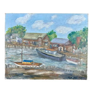 Vintage American “K. Franzke” Oil on Canvas Painting of Harbor Scene, Signed Original Art 1943