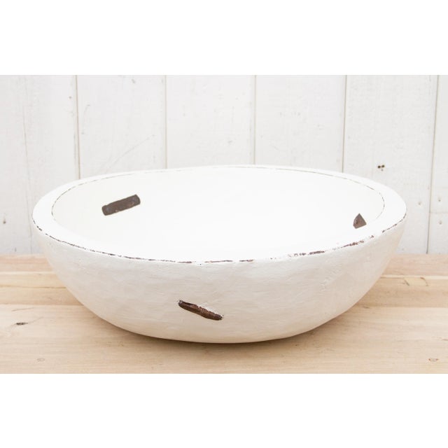 Farmhouse Large Metal Strap White Bowl For Sale - Image 3 of 9