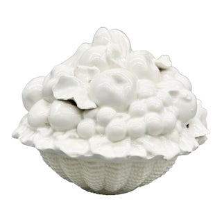 Italian White Ceramic Fruit Tureen or Covered Bowl - Blanc De Chine - Mid Century, Neoclassical, Hollywood Regency For Sale