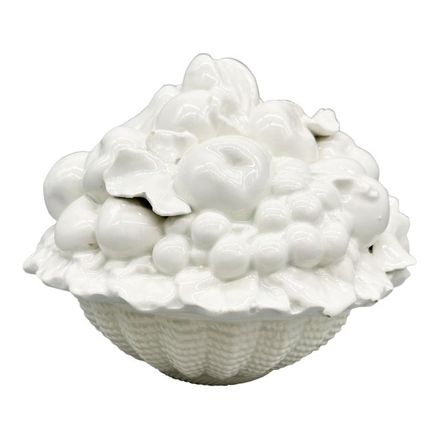 Italian White Ceramic Fruit Tureen or Covered Bowl - Blanc De Chine - Mid Century, Neoclassical, Hollywood Regency For Sale