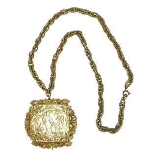 Miriam Haskell Ornate Gold Plated Asian Chinoiserie Medallion Necklace, 1950's For Sale
