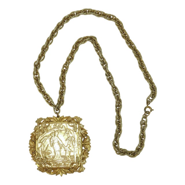 Miriam Haskell Ornate Gold Plated Asian Chinoiserie Medallion Necklace, 1950's For Sale
