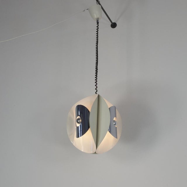 1970s Italian Space Age Hanging Lamp with White Painted, Metal & Chrome Shields, 1970s For Sale - Image 5 of 18