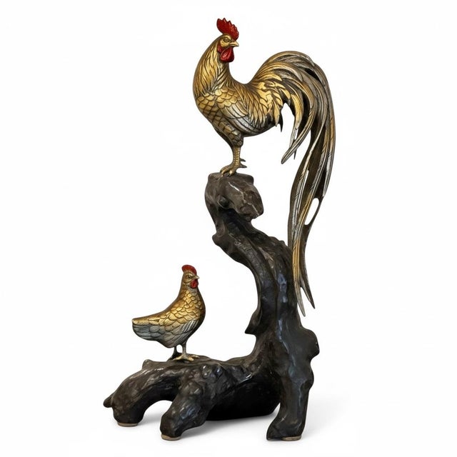 Hollywood Regency Hollywood Regency Japanese Meiji Style Bronze Sculpture of Rooster & Hen on Root Wood Base For Sale - Image 3 of 9
