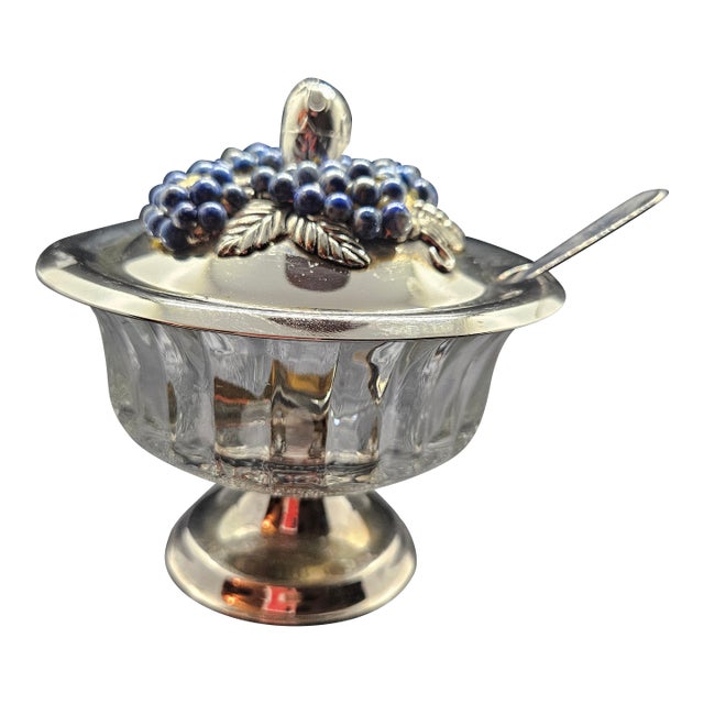 Vintage Silver-Plated/Chrome Condiment Dish or Jam Pot, Likely Featuring Lapis Lazuli Stone Accents With Spoon For Sale