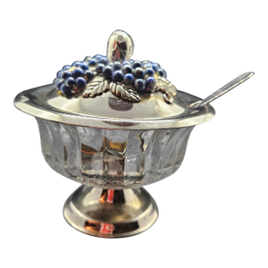 Vintage Silver-Plated/Chrome Condiment Dish or Jam Pot, Likely Featuring Lapis Lazuli Stone Accents With Spoon