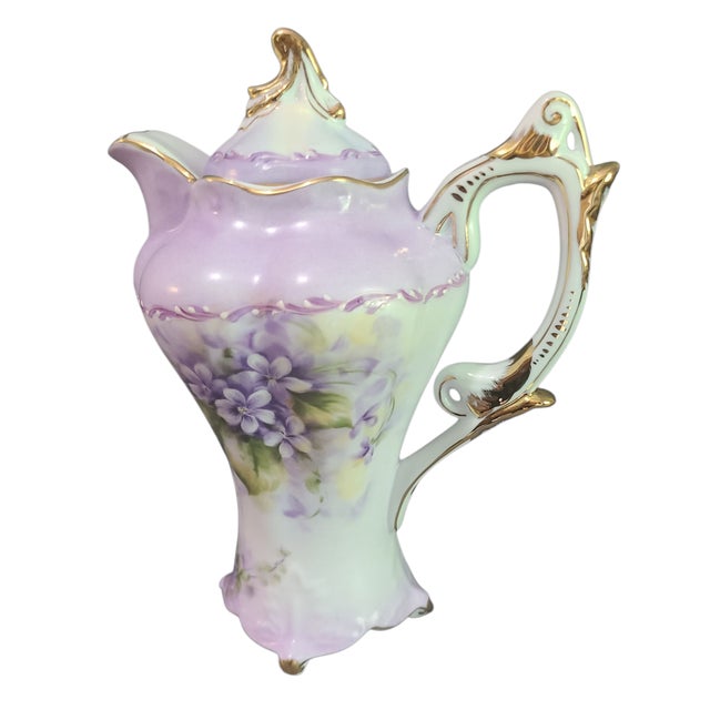 Vintage Romantic Victorian Style Tea or Coffee Pot Gilded Painted Violets For Sale - Image 9 of 9
