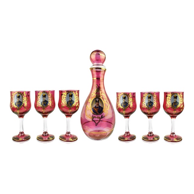 Mid 20th Century Qajar Dynasty Persian Hand Painted Cranberry Color Glass Decanter Set Signed- 7 Pieces For Sale
