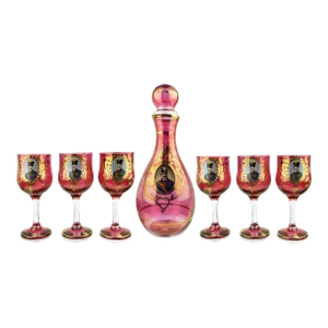 Mid 20th Century Qajar Dynasty Persian Hand Painted Cranberry Color Glass Decanter Set Signed- 7 Pieces