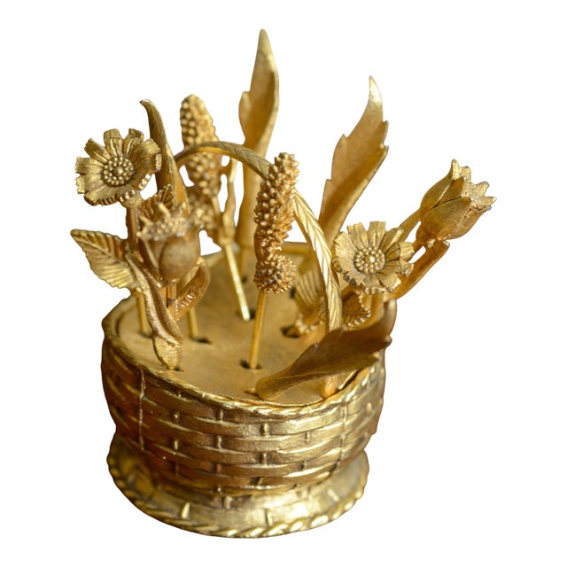 Mid-20th Century Hollywood Regency Gold Flower Basket Cocktail Picks - Set of 10 For Sale