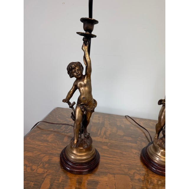 Hollywood Regency Vintage French Style Brass Putti Cherub Table Lamps Mid-Century Hollywood Regency - a Pair For Sale - Image 3 of 6
