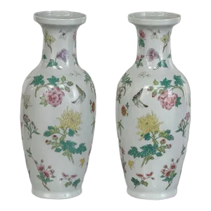 Pair Antique Chinese Hand-Painted Porcelain Bud Vases