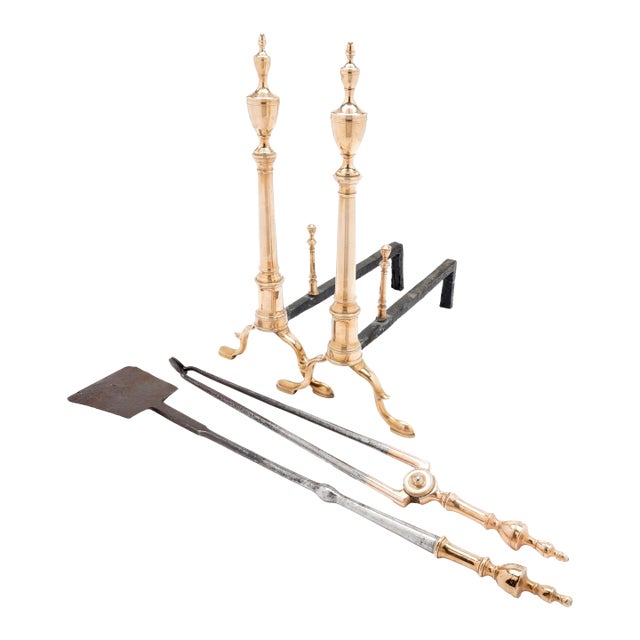 Philadelphia Federal Bell Metal Andirons With Paired Fire Tools, C. 1790 For Sale