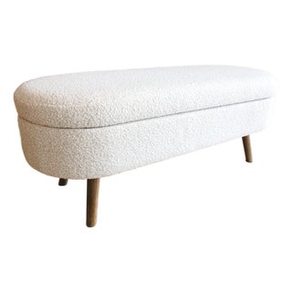 Contemporary Plush Off-White Boucle Ottoman/Wood Legs For Sale