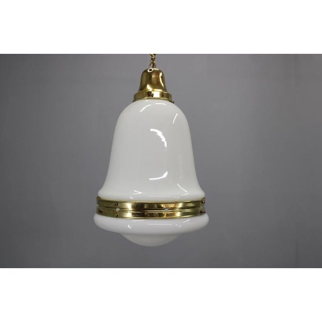 Luzette Pendant Lights in Opaline Glass and Brass by Peter Behrens for Aeg, 1930s, Set of 2 For Sale - Image 6 of 17