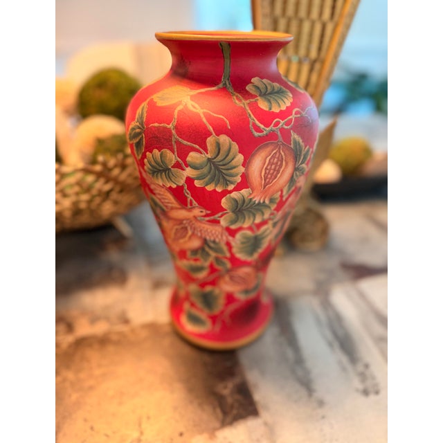 Red Hand-Painted Red Chinoiserie Style Vase With Birds & Pomegranate Motif For Sale - Image 8 of 8