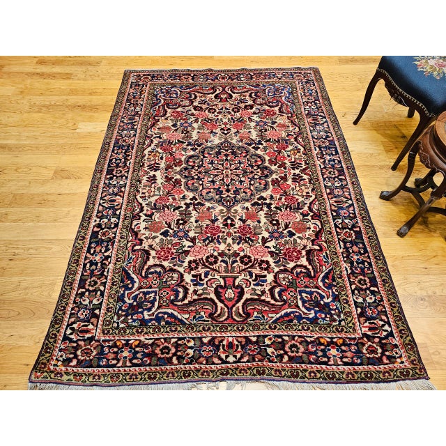 Ivory Vintage Persian Malayer Rug, Hand-Knotted Wool, Floral Pattern, 5x7, Ivory & Navy For Sale - Image 8 of 18