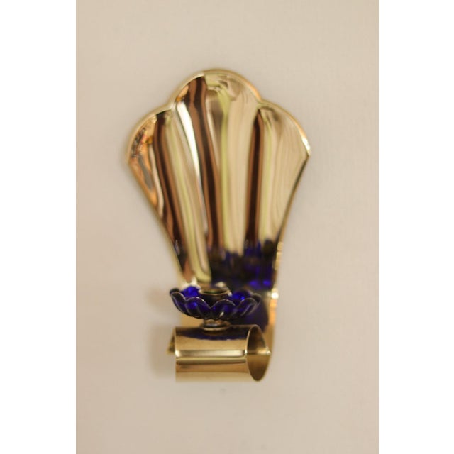 Blue Vintage Brass Sconces with Blue Flower Shape Bobeche, Set of 2 For Sale - Image 8 of 18
