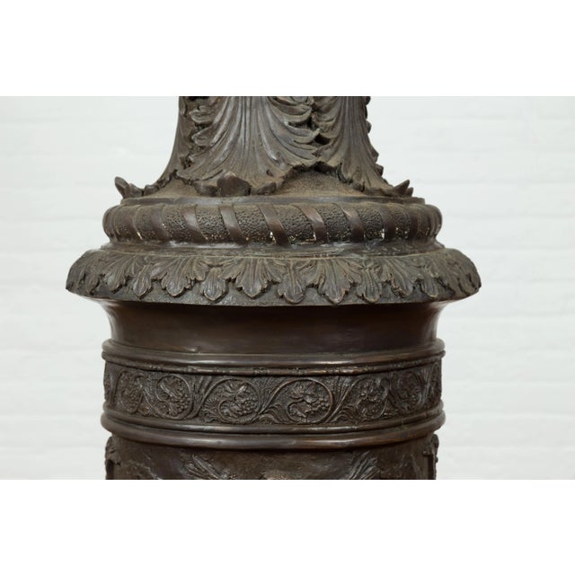 Contemporary Tall Custom Made Cast Bronze Urn on Pedestal with Lion Head Handles For Sale - Image 3 of 13