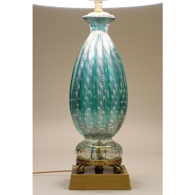 Murano Rare Large Turquoise "Costolato" Barovier Toso Murano Italy Thick Bubble Blown Art Glass Brass Table Lamp 1960s For Sale - Image 4 of 14