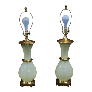 Pair of 1960s Paul Hanson Hollywood Regency Style Bronze Mounted Vaseline Glass Lamps