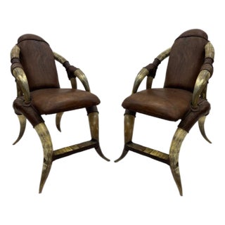 Early 1900s Pair of Horn and Leather Chiars For Sale