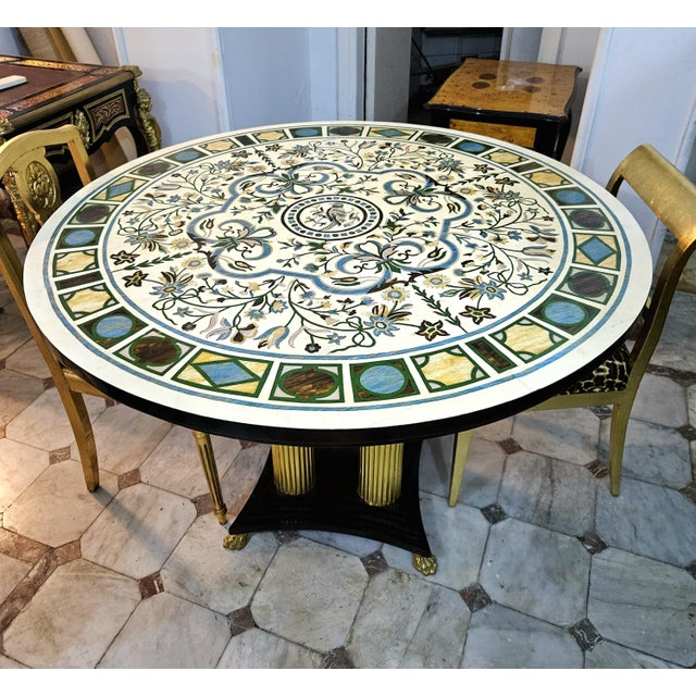Grand French-Style Round Dining Table – Ornate Marble Top With Gilded Columns & Black Base For Sale - Image 4 of 4