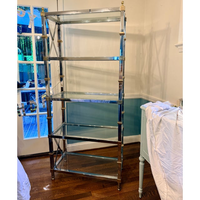 Chrome Vintage Hollywood Regency Chrome, Brass & Glass Étagère For Sale - Image 8 of 8