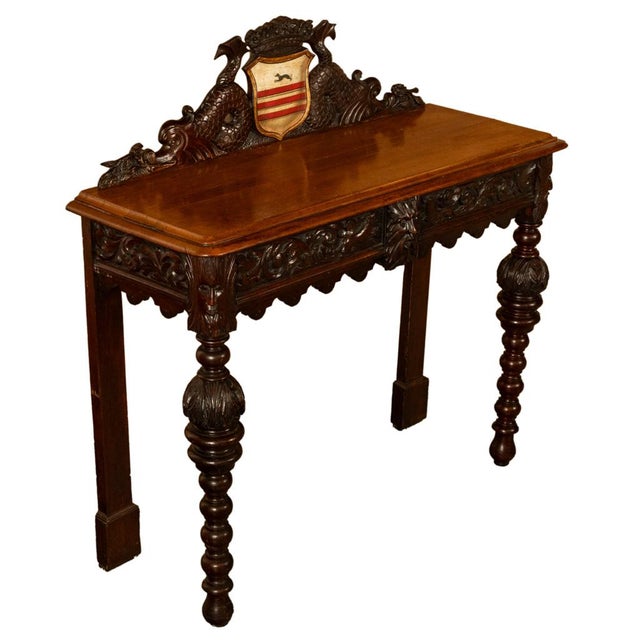 Brown Antique Carved Oak Hall Table Skipworth Family Painted Royal Coat of Arms 1860 For Sale - Image 8 of 18