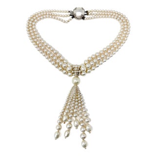 Vintage Multi-Strand Faux Pearl Tassel Necklace, 1950s For Sale
