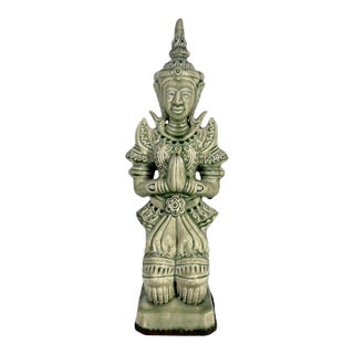 Large Celadon Green Crackle Glaze Angel Figure, Kneeling Tappanom (Thailand) For Sale