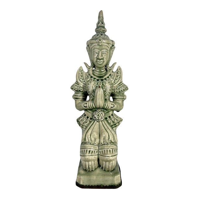 Large Celadon Green Crackle Glaze Angel Figure, Kneeling Tappanom (Thailand) For Sale