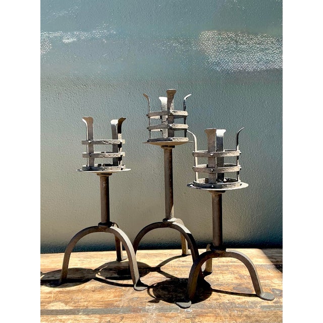 Vintage Hammered Wrought Iron Cage Candlesticks - Set of 3 For Sale - Image 12 of 12