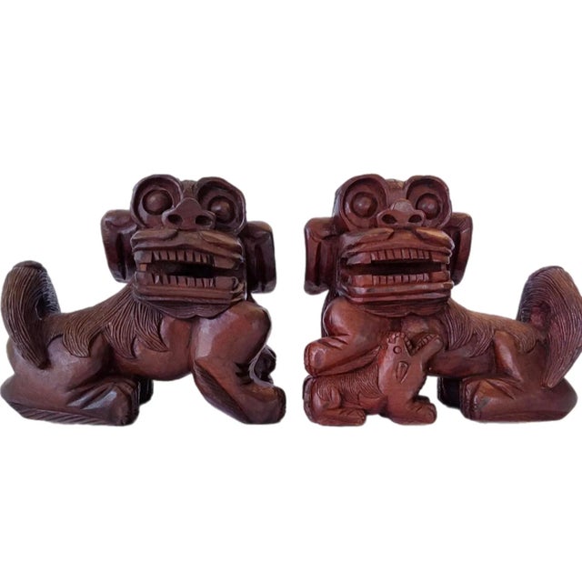 Brown Vintage Chinese Foo Dog Asian Art Statue Decor Wooden Hand Carved Large - a Pair For Sale - Image 8 of 8