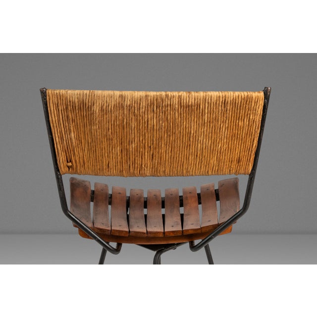 Metal Set of Three ( 3 ) MCM Wrought Iron Bar Stools in Maple & Raffia Rope for Attributed to Arthur Umanoff for Raymor, Usa, C. 1960s For Sale - Image 7 of 18
