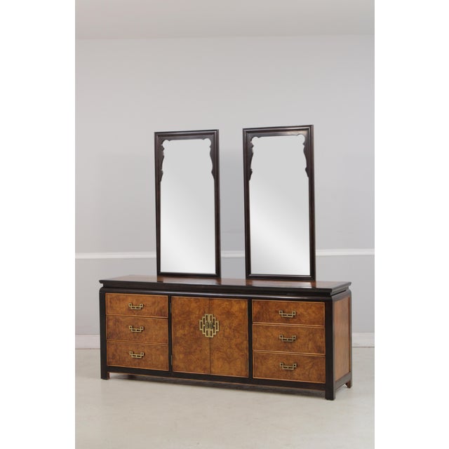 Chinoiserie Century Chinoiserie Style Burlwood Dresser W. Mirrors For Sale - Image 3 of 15