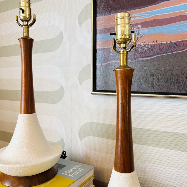 Mid Century Pottery and Wood Table Lamps - Set of 2 For Sale - Image 9 of 13