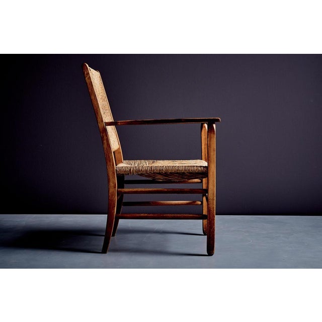 Beige Rustic Oak Lounge Chairs with Hand-Woven Rush Seats, France, 1940s, Set of 2 For Sale - Image 8 of 15
